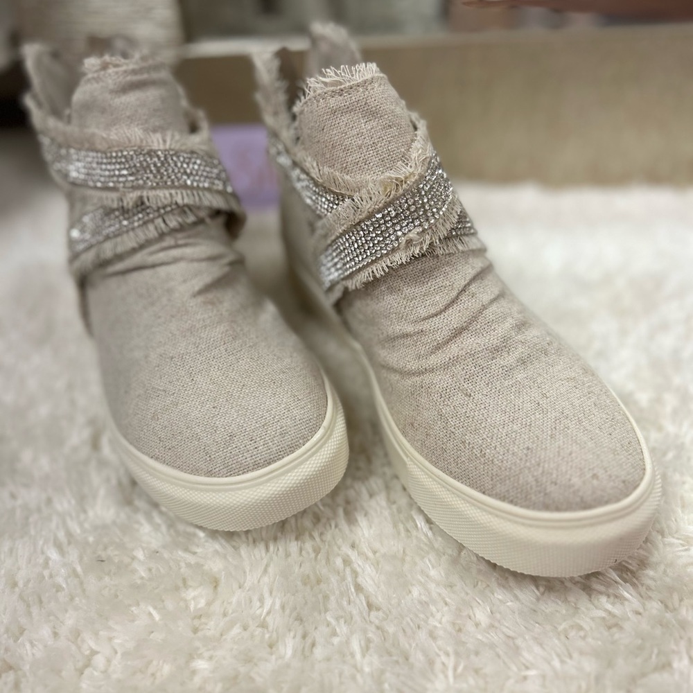 Cream canvas tennis booties with crystal embellished strap detail Very G Flora